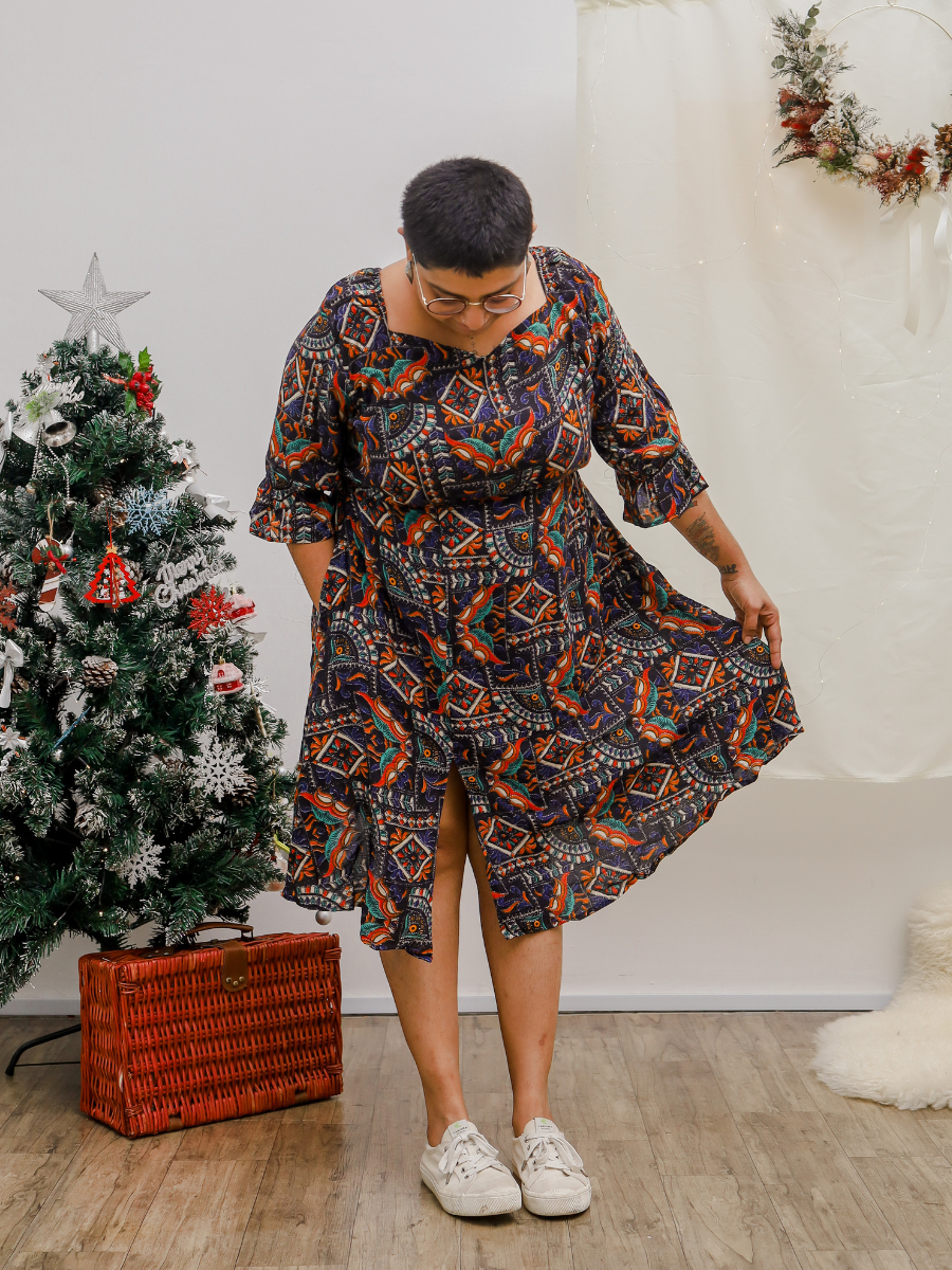 boho curve dresses Flowy A-line Boho midi midi dress with sleeves with Bow Tie and Deep V-Neck for Women