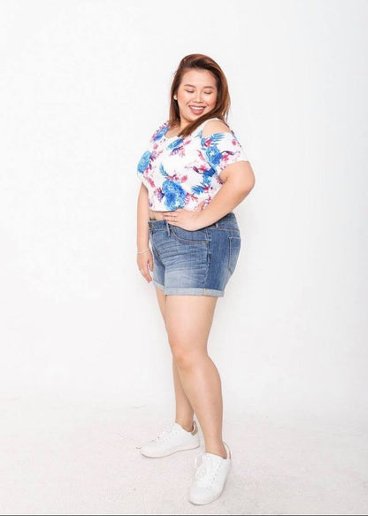 Cold Shoulder Crop Top- White floral